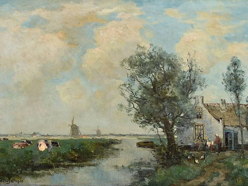1872-Berend Jan Brouwer - Paesaggio olandese con mucche